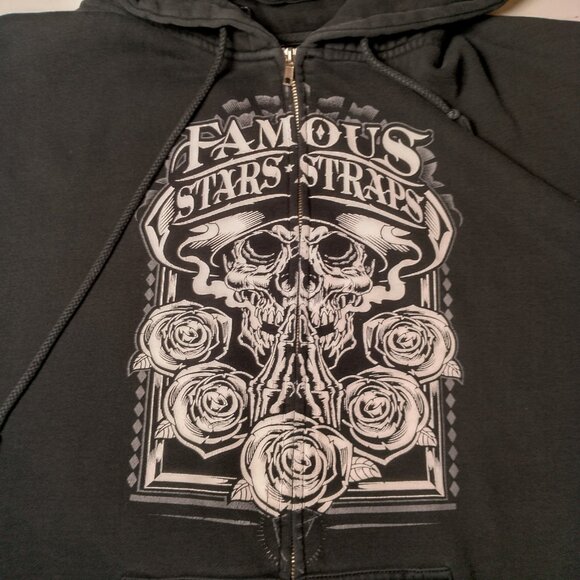 Famous Stars Straps Sweatshirt Men XXL Black Full Zip Skull Roses Hoodie - Picture 7 of 13